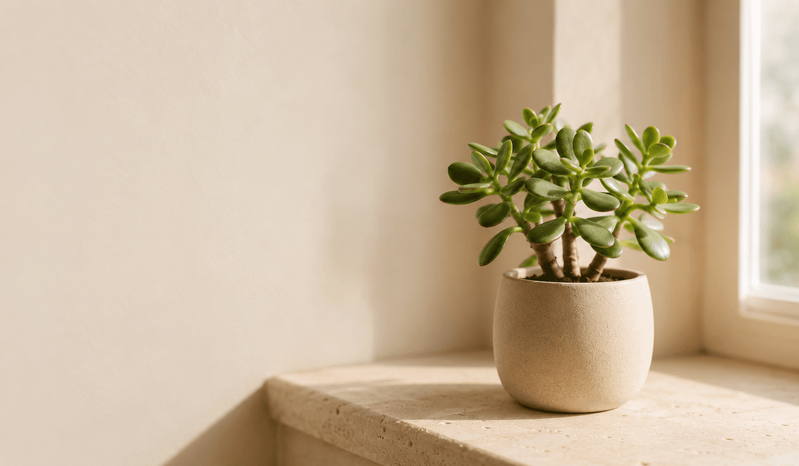A small jade plant in an oat ceramic pot on a sunlit travertine windowsill